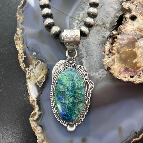 Sterling Southwestern Style Elongated Chrysocolla Decorated Pendant For Women - Picture 4 of 10